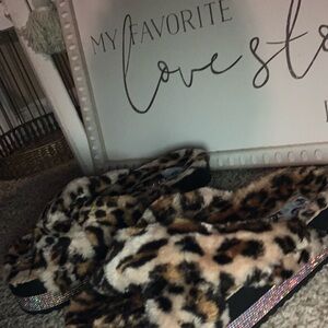 Leopard Print Fuzzy Slippers with Sparkling Accents